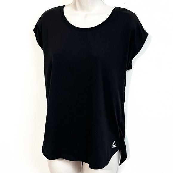 Reebok Cap Sleeve Scoop Neck Back Mesh Pullover Workout Top Solid Black Small - Picture 2 of 7